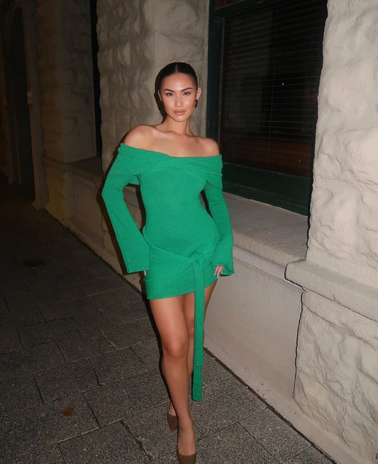 Meshki Camryn Off Shoulder Tie Knit Dress